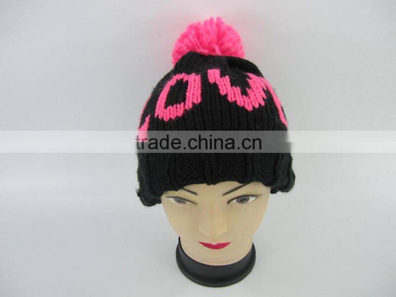 Promotional cheap cute knit hats lovely beanie hat with pink top ball