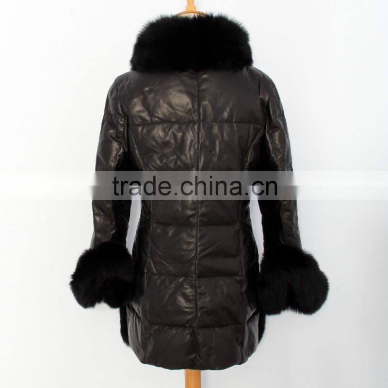 popular fashion ladies natural leather coat with fox fur trim