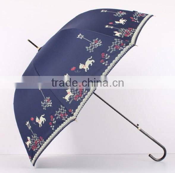 23 inch stick crook handle silk print lady umbrellas