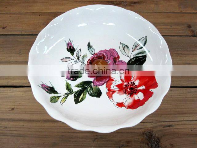 Elegant Flower Decal Ceramic Cake /Fruit Serving Plate with Wooden Stand for Party
