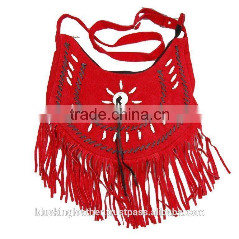 Red Western Style Real Suede Leather Beaded Ladies Shoulder Hand Made