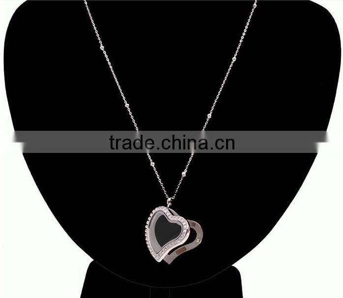 stainless steel heart locket with crystals necklace