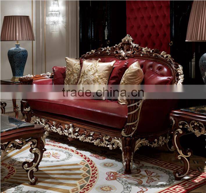 Luxury European style solid wood flower hand carving genuine leather sofa set
