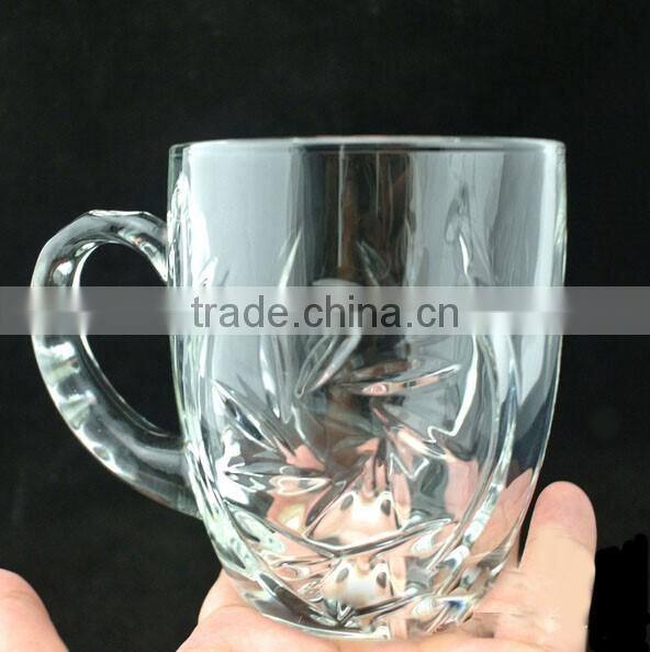Embossed flower logo glass mug transparent glass mug cheap glass mug