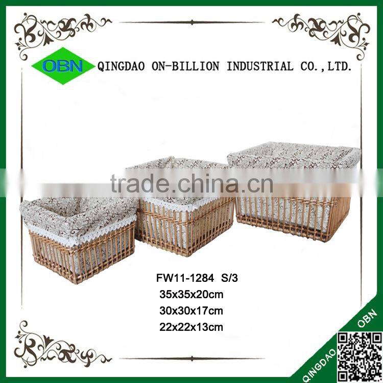 Natural large rectangular handmade cloth lined wicker storage basket