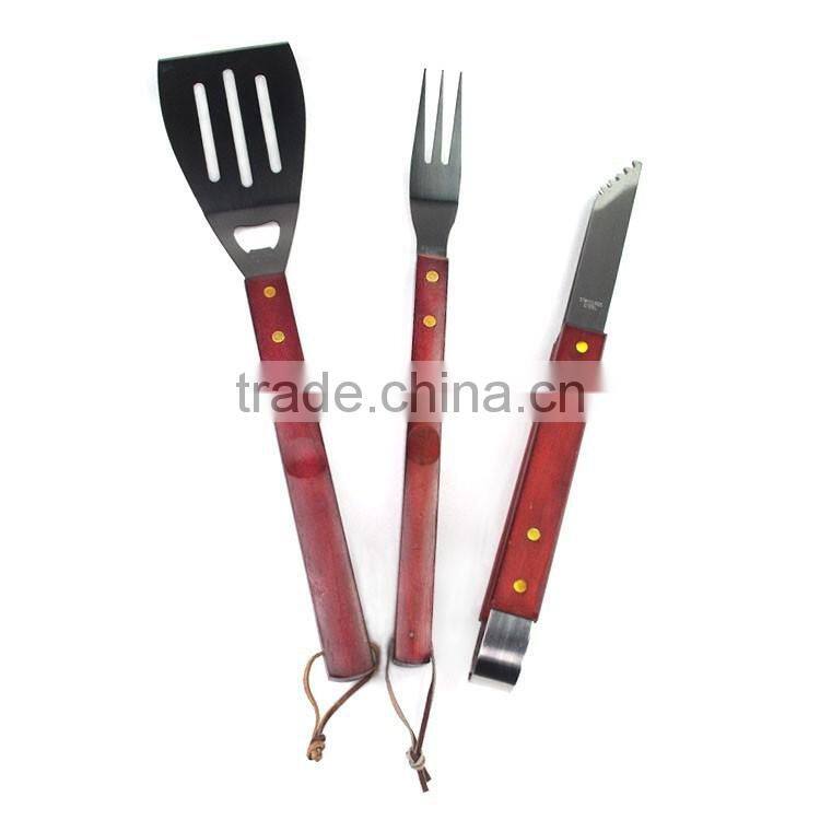 3pc stainless steel bbq tools set with red painted wood handle