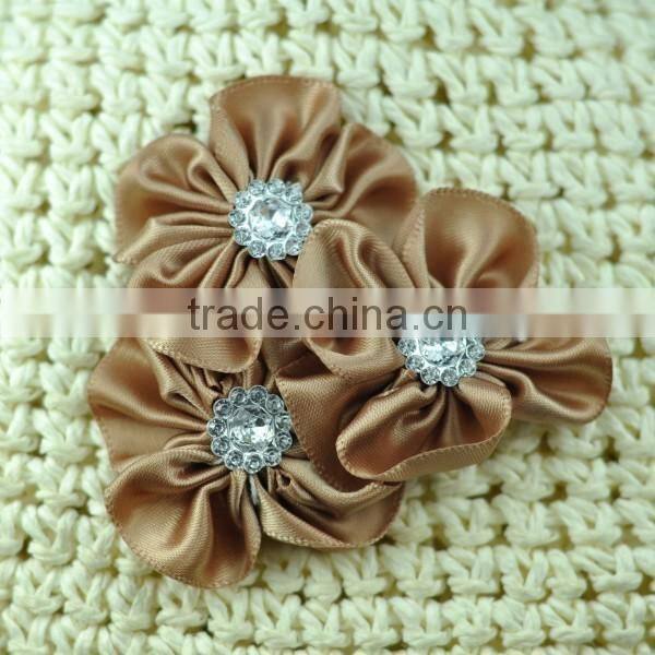 handmade satin flower with rhinestone center for kids hair accessories