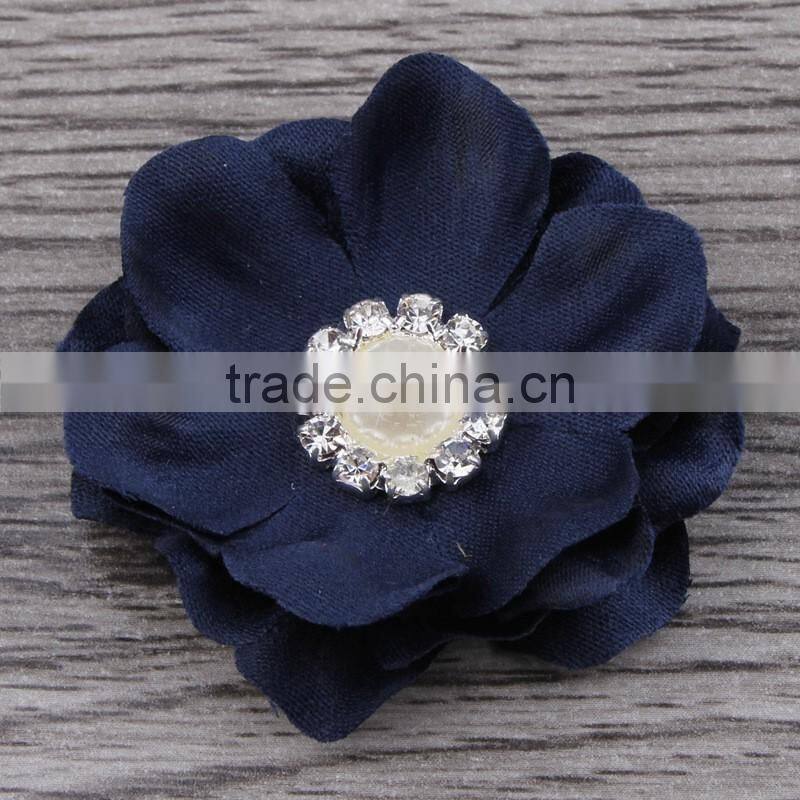 fabric flower with pearl rhinestone center for kids hair accessories