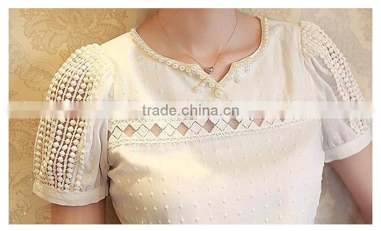 2015 Lady Women Clothing Short Sleeve Shirt O Neck Doll Chiffon Lace Blouse Tops Plus Size XXL