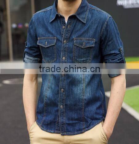 Mens denim shirt Long sleeve washed denim shirts two pockets denim shirts