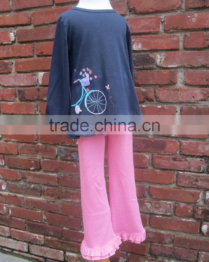 Navy Long Sleeve Swing Embroidered Tops&Pink Ruffle Pants Outfits Cotton Children Frocks Designs Kids Clothes
