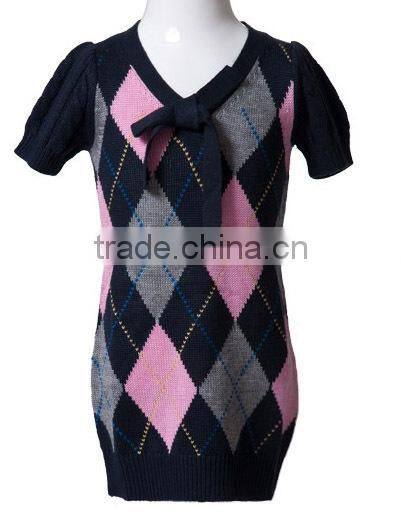 fashion V neck cotton short sleeved girls argyle sweater