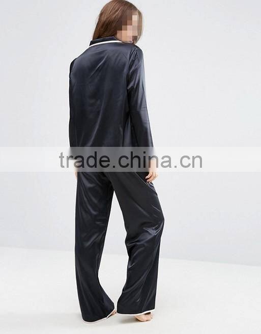 Customize ladies luxury Satin Long Leg Pyjama Set, sleepwear pajamas for women