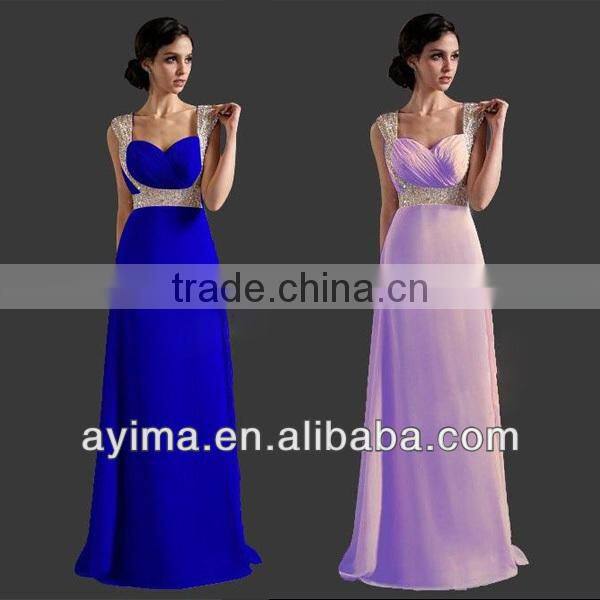 hot selling ladies long elegant dress blue chiffon rhinestone prom dresses 2014