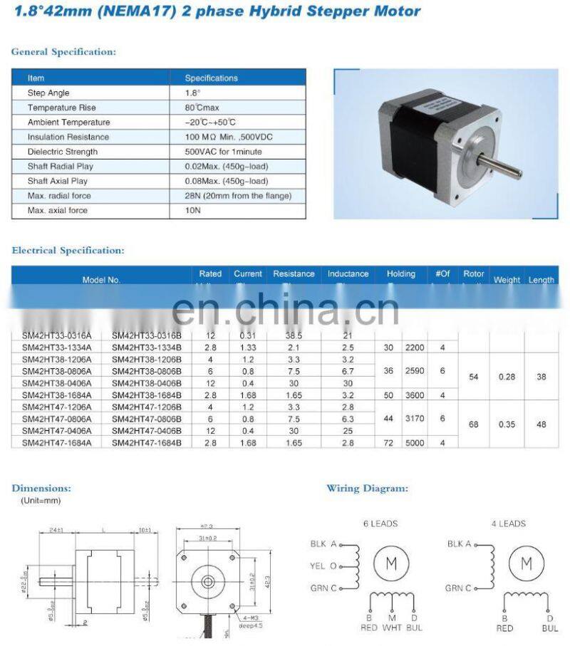 good quality nema 17 stepper motor, step angle 1.8 degree or 0.9 Degree