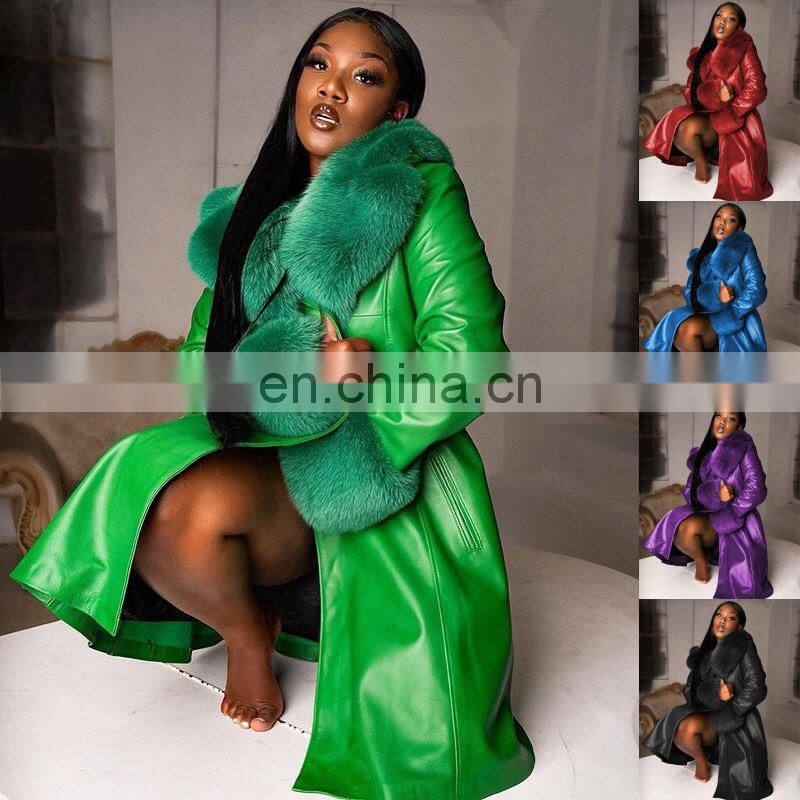 2021 autumn and winter European and American solid color lapel long fur collar temperament commuter zipper leather jacket