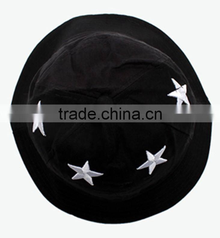 2014 fashion black 3d stars embroidery folded bucket hat
