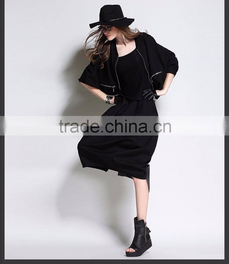 Women's Cropped Hangover Hoodie Long Sleeve Top Short Style Open Zipper Sweater Jacket Black Solid