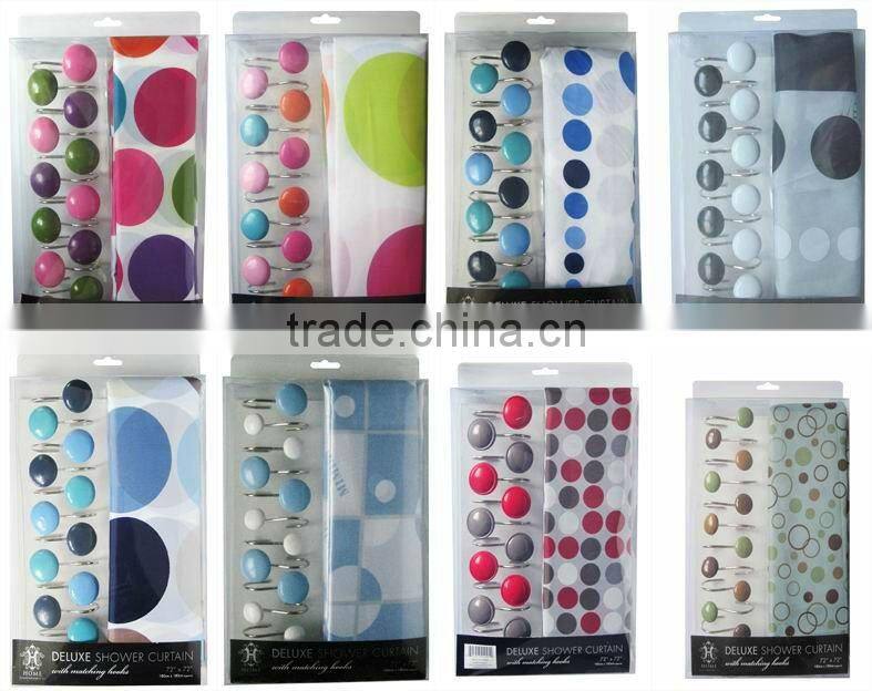 amazing design polyester bathroom shower curtain set (polyester shower curtain and 12pcs poly resin hooks)