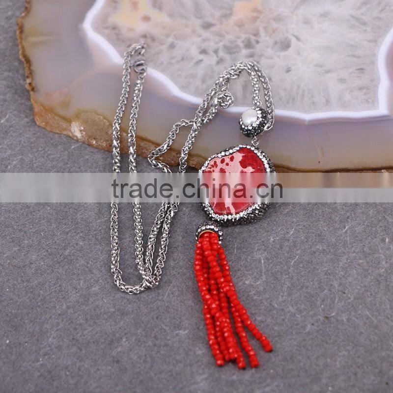 Jasper Stone Charms Druzy Tassel Necklace, Gem Stone Druzy Pendant, Pave Crystal Glass Tassel Jewelry, Stone Chain Necklace