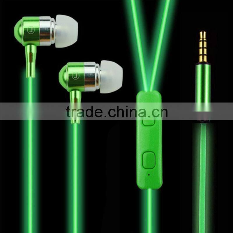 Metal Head Cheap Colorful Earphones Headset, LED headphone Flash Night Light Earphone With Clip Mic For Smartphone