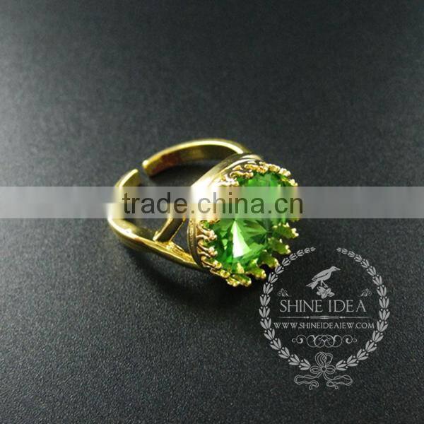 14MM gold plated brass round crown bezel blue,red,champagne and green glass adjustabld ring,vintage ring DIY ring 6220034