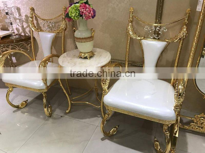 Luxury Italy Baroque Collection Brass 18/24K Gilded Armchair/Louis XV Royal Golden White Leather Decorative Side Chair, MOQ 1 PC