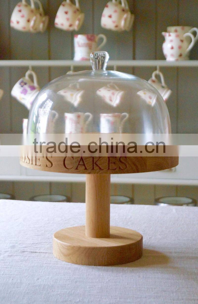 Oak Cake Stand with Laser Logo For Party Home Use Dessert Holder With Glass Cover