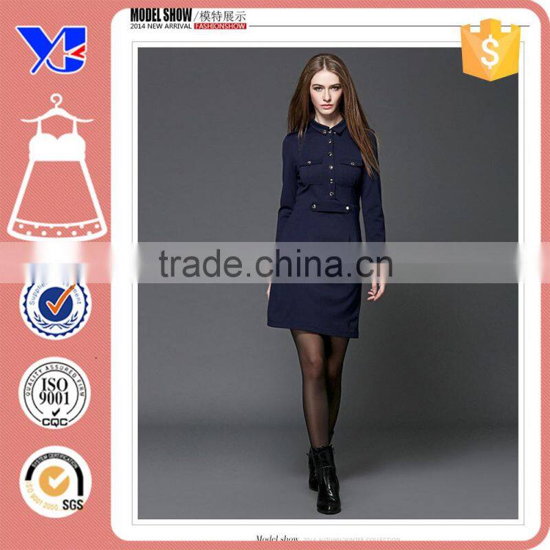 100% Cutton Bussiness Work Long Sleeve Lapel Office Wear Formal Sheath Dress
