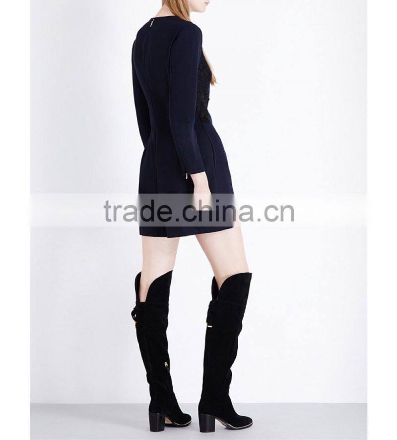 Wholasale Women Apparel Black Round Neck Long Sleeves Embroidered Crepe Playsuit(DQE0104J)