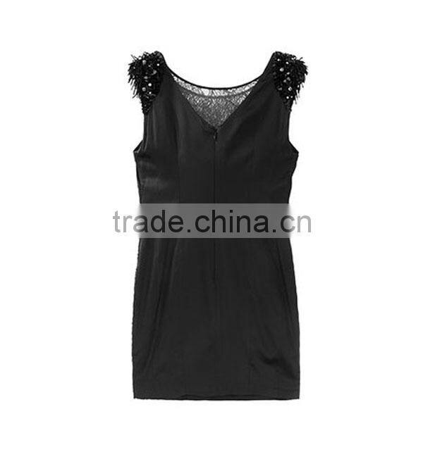 Women factory manufacturer latest fashion lace trim beadd a-line dress