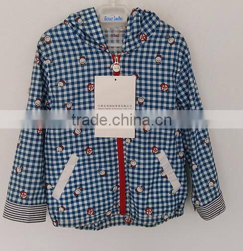 2016 handsome boys printed grid coat with cap for Autumn