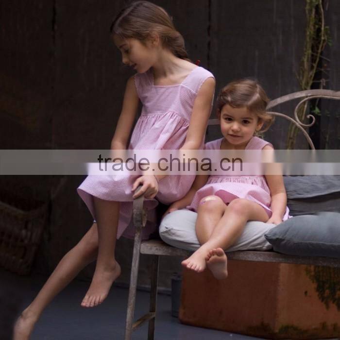 2 Pieces Children Frocks Designs Girls Pink Puffled Seersucker Dress Girls Short Bubble Fashion Girls Cotton Summer Dresses