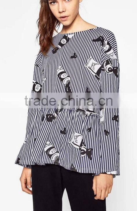 Runwaylover EY2374B Latest Designs Women Formal Blouse Blue Stripe Crane Print Animal Print Drop Shoulder 3/4 Sleeve Blouse