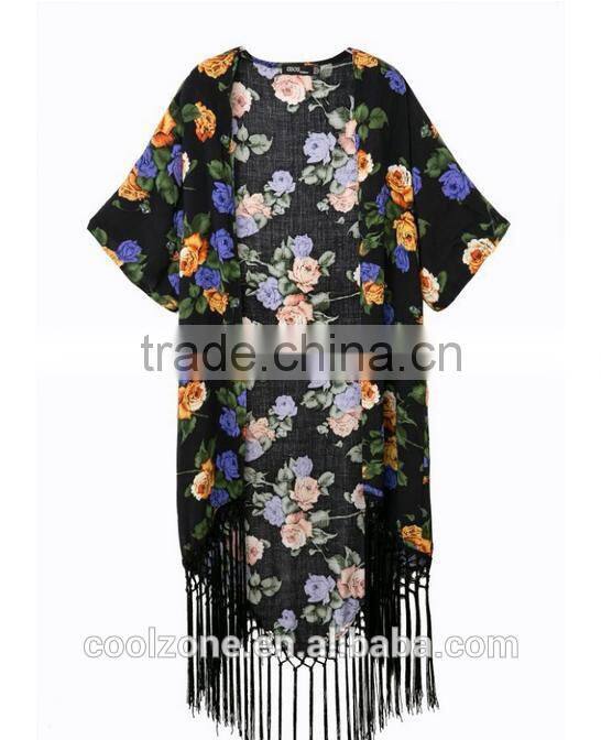 Latest floral print cover up summer beach kimono with gorgeous fringe