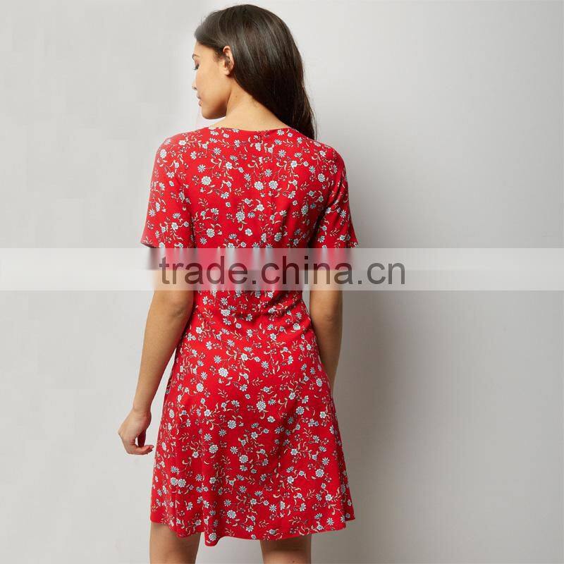 RED self bow V-neck women printed short sleeve dress