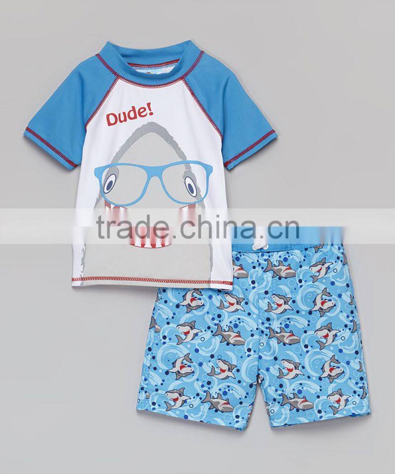 2016 New Boy Fashion Rashguard With Blue 'Dude!' Shark Rashguard And Boardshorts Boy Sportswear Kids Wear B-NP-TR905-304