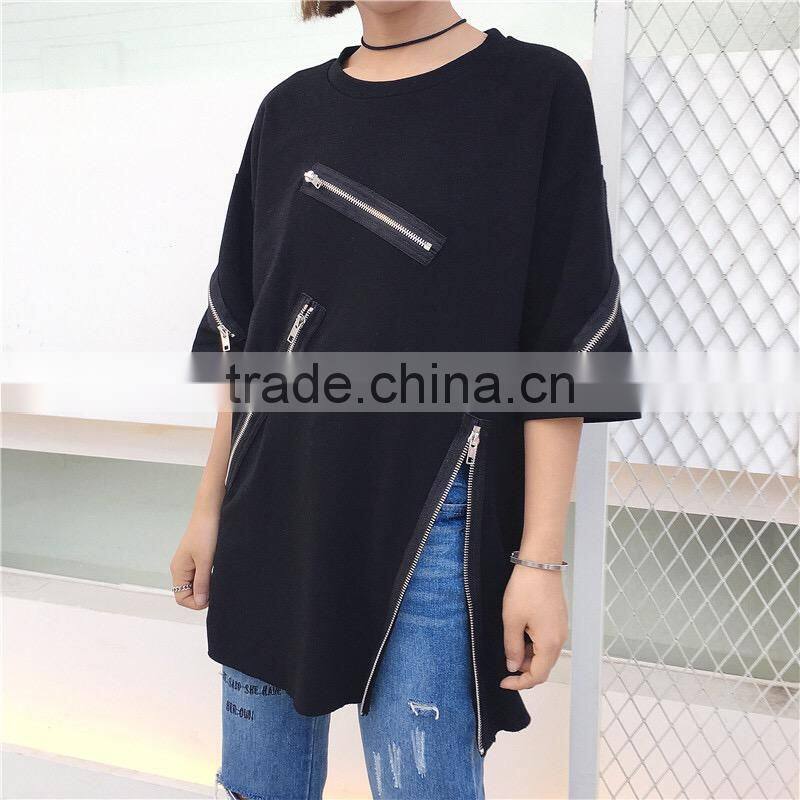 2017 new style women Zip up cotton t shirts with wholesale price