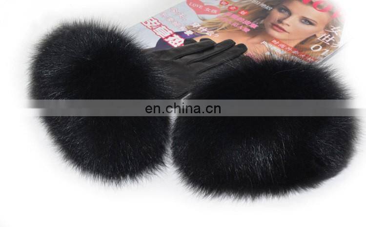 Genuine Sheepskin Leather Gloves Real Fox Fur Cuffs Gloves for Women Winter Leather Glove
