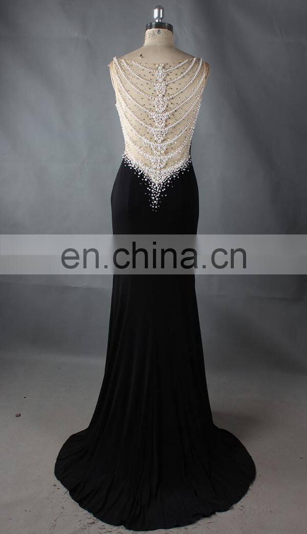 2016 black bead V neck side split sexu back open evening dress