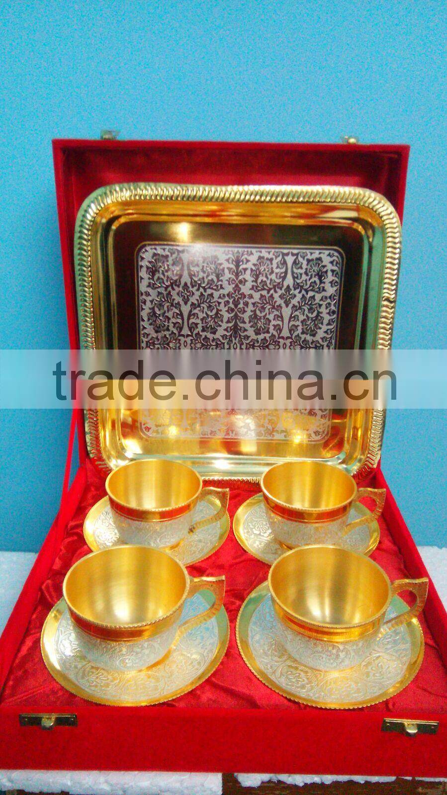 Silver Plated Engraved Brass Tea Coffee Cups & Plated Set Of Four Piece With Serving Tray