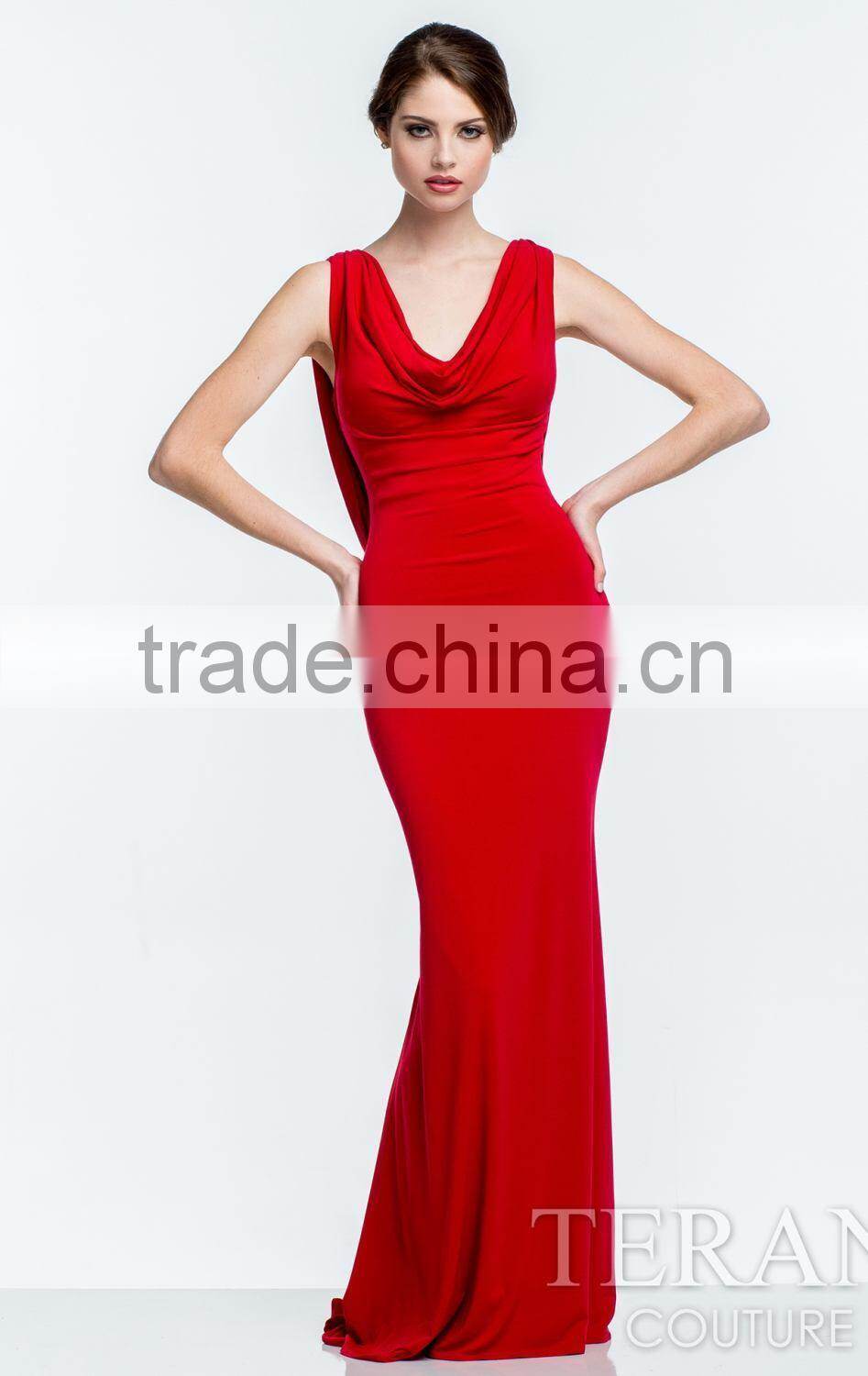 Elegant Long Beaded See Through Back Bowl Neck Red Evening Dress Sweep Train