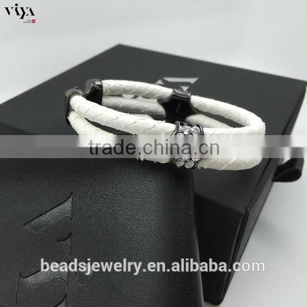 2016 New Custom Men Double Leather Stingray Rose gold Black Stone Bracelet