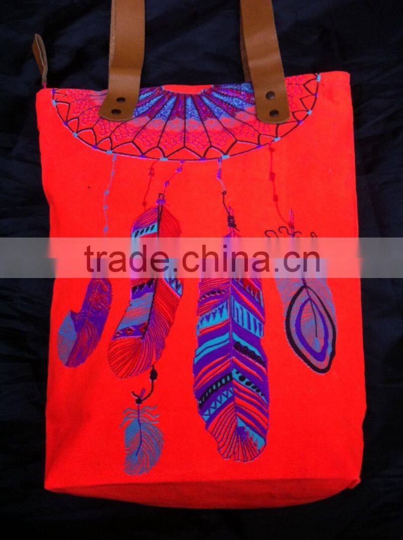Hmong Indian tote neon red canvas bag feather pattern