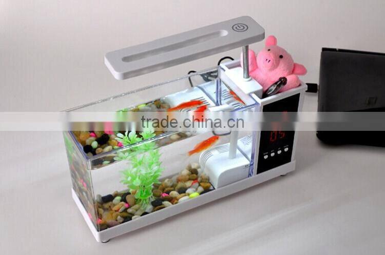 Mini table fish tank, electronic clock on table Lamp