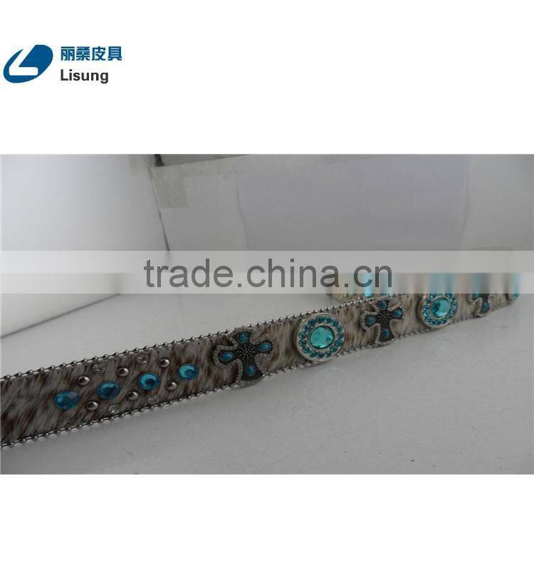Blue Crystal Bead Crosses Western Cowgirl Rhinestone Leather Belt