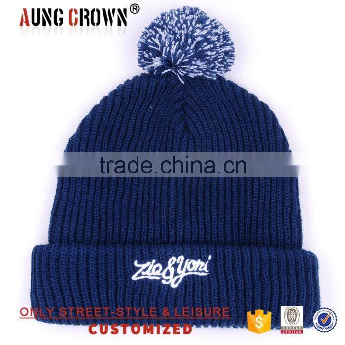 acrylic embroidered mens knit beanie pom pom hat