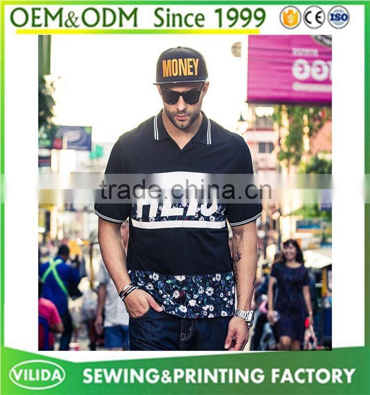 Custom made new fashion fat men's big size stitching printed polo shirt