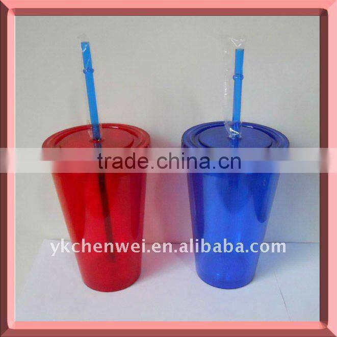 Double wall plastic drinking cup with straw