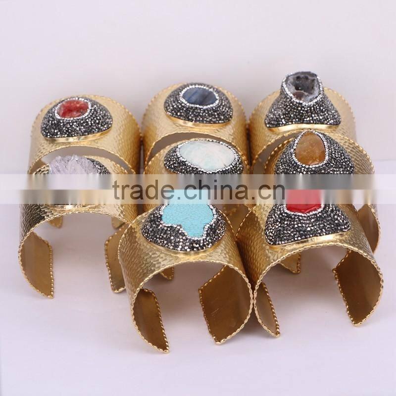 Metal Brass Gold Bangles Turquoise Amazon Agate Geode Rutilated Quartz Gem Stone Bangles Pave Crystal Druzy Bangles